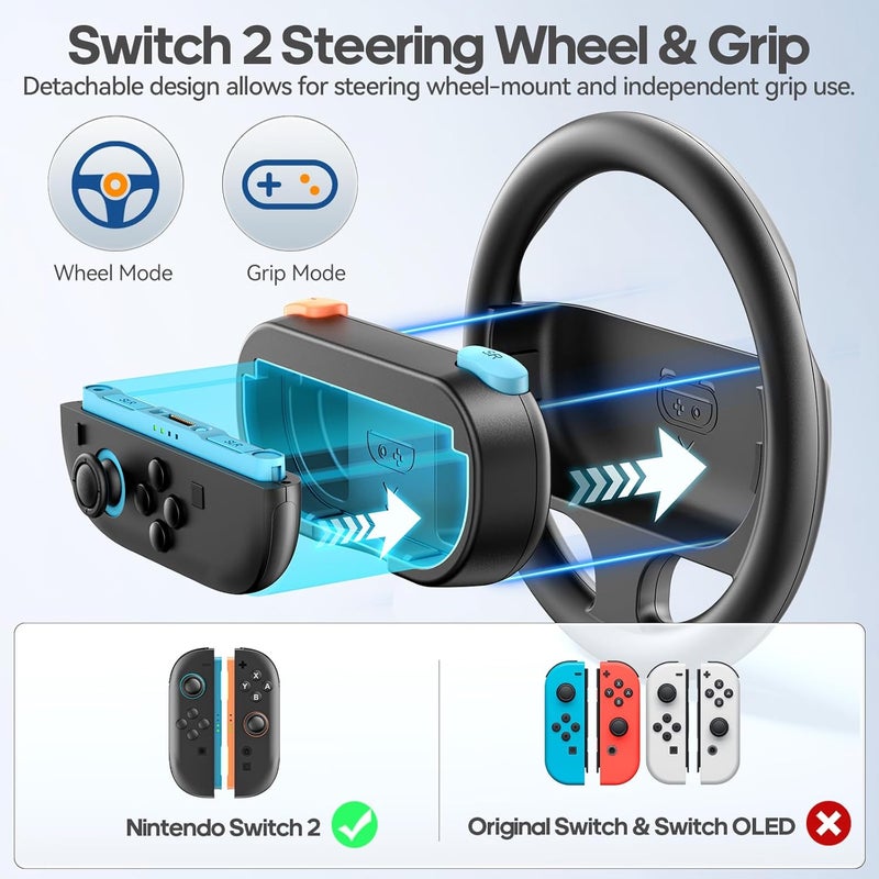 Rysker Steering Wheel & Grip for 2025 Switch 2 Joy-Cons, Switch 2 Racing Wheel with Detachable Controller Grip for Mario Kart World 8 Deluxe, Family Sports Party Switch Accessories -2 Packs, Orange & Blue - Image 2